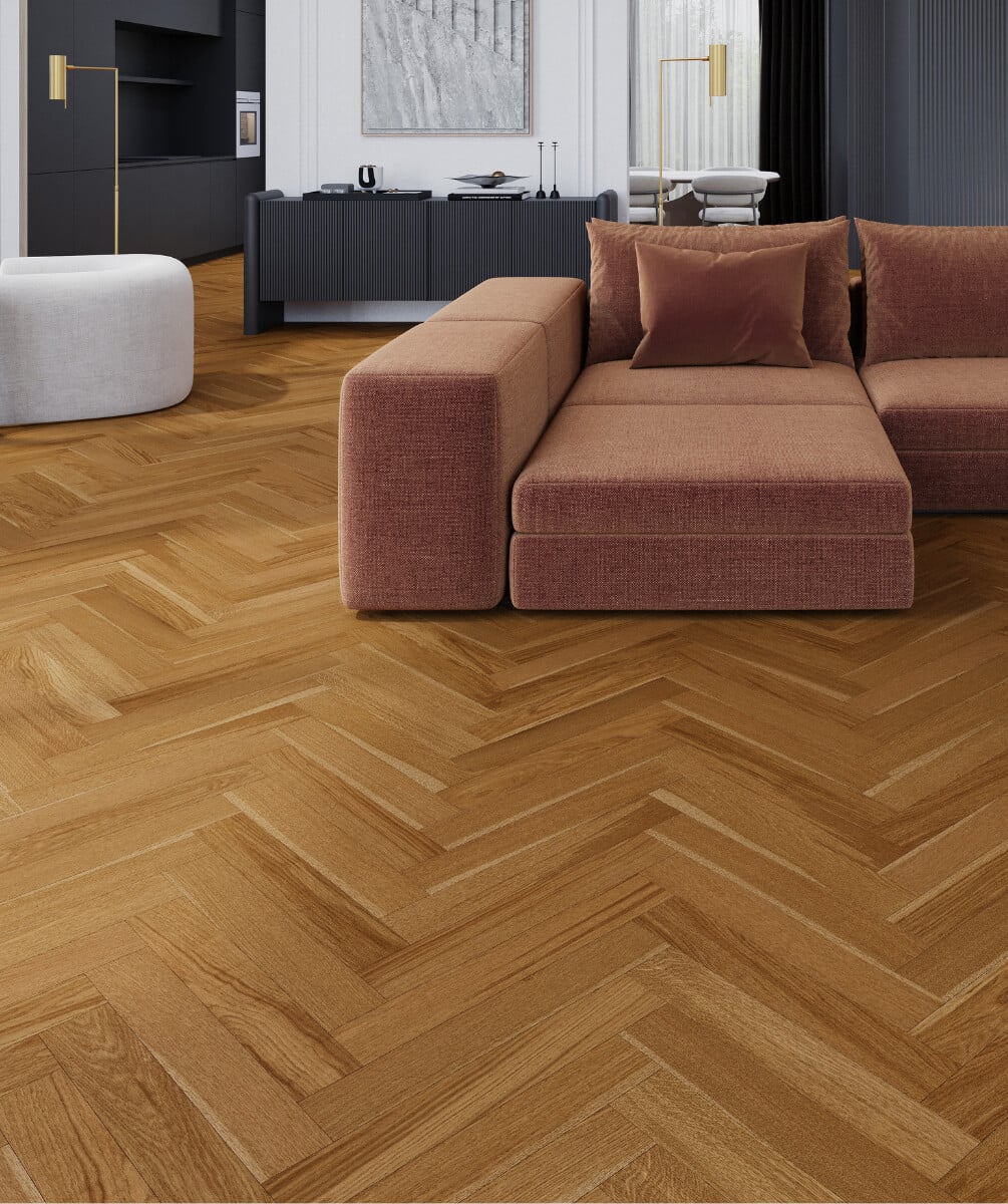 Vitaria Antique Oak Herringbone Real Wood Veneer LVT In The Living Room